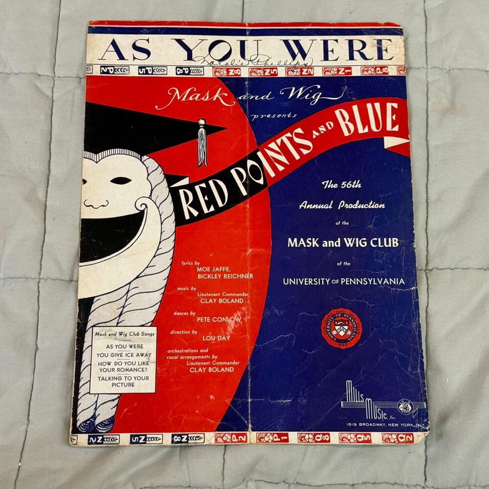 Vintage Sheet Music As You Were Mask and Wig Club 1944 Red Points and Blue